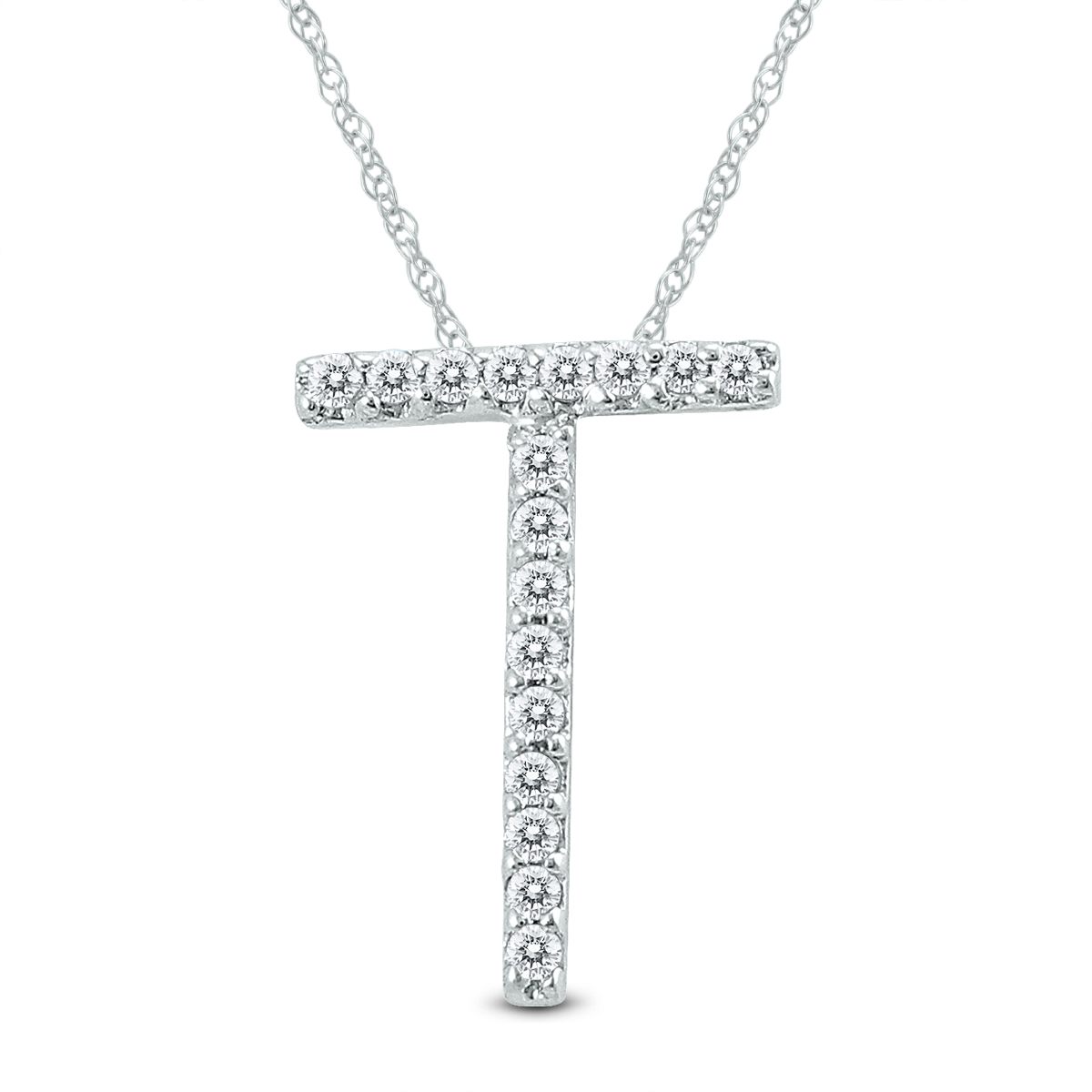 1/10 Carat TW T Initial Diamond Pendant Necklace in 10K White Gold with Adjustable Chain