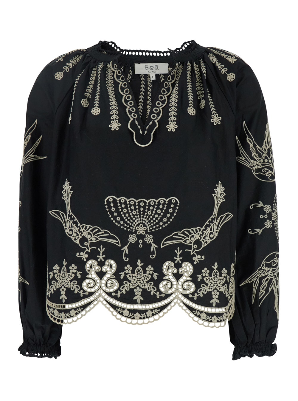 Sea New York Black Blouse With V Neck And All-over Kingsley Embroidery In Cotton Woman