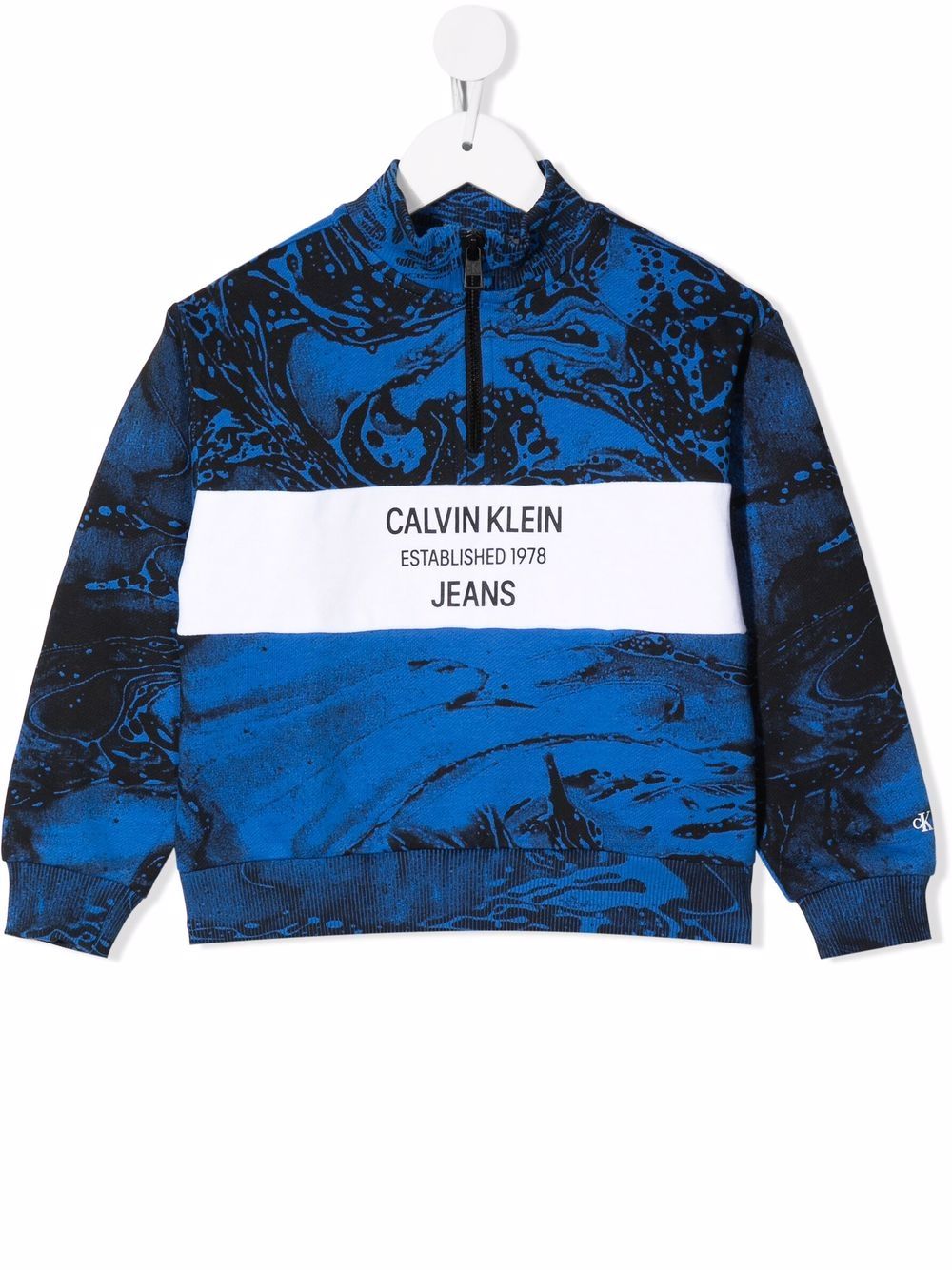 Calvin Klein Kids 大理石纹logo拉链领卫衣 - 蓝色