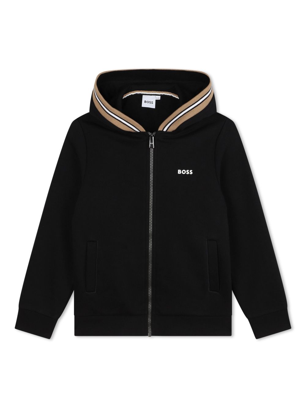 BOSS Kidswear 条纹细节拉链连帽衫 - 黑色