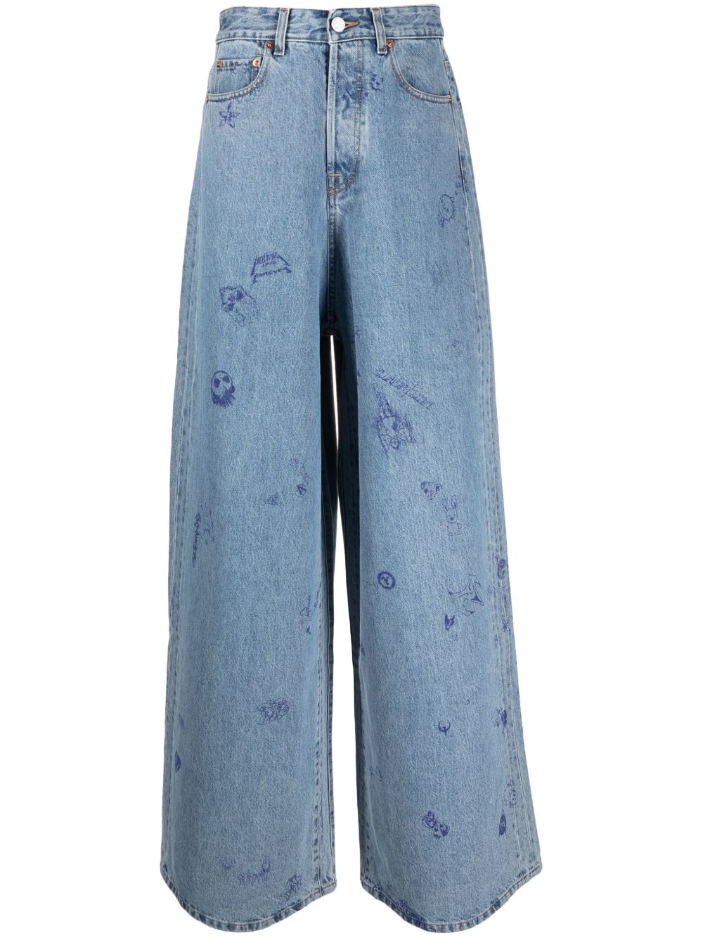 VETEMENTS 插画风印花阔腿牛仔裤 - 蓝色