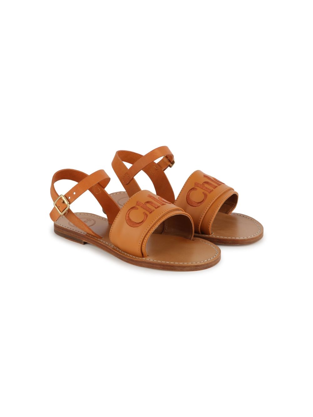 Chloé Kids logo刺绣皮质凉鞋 - 褐色