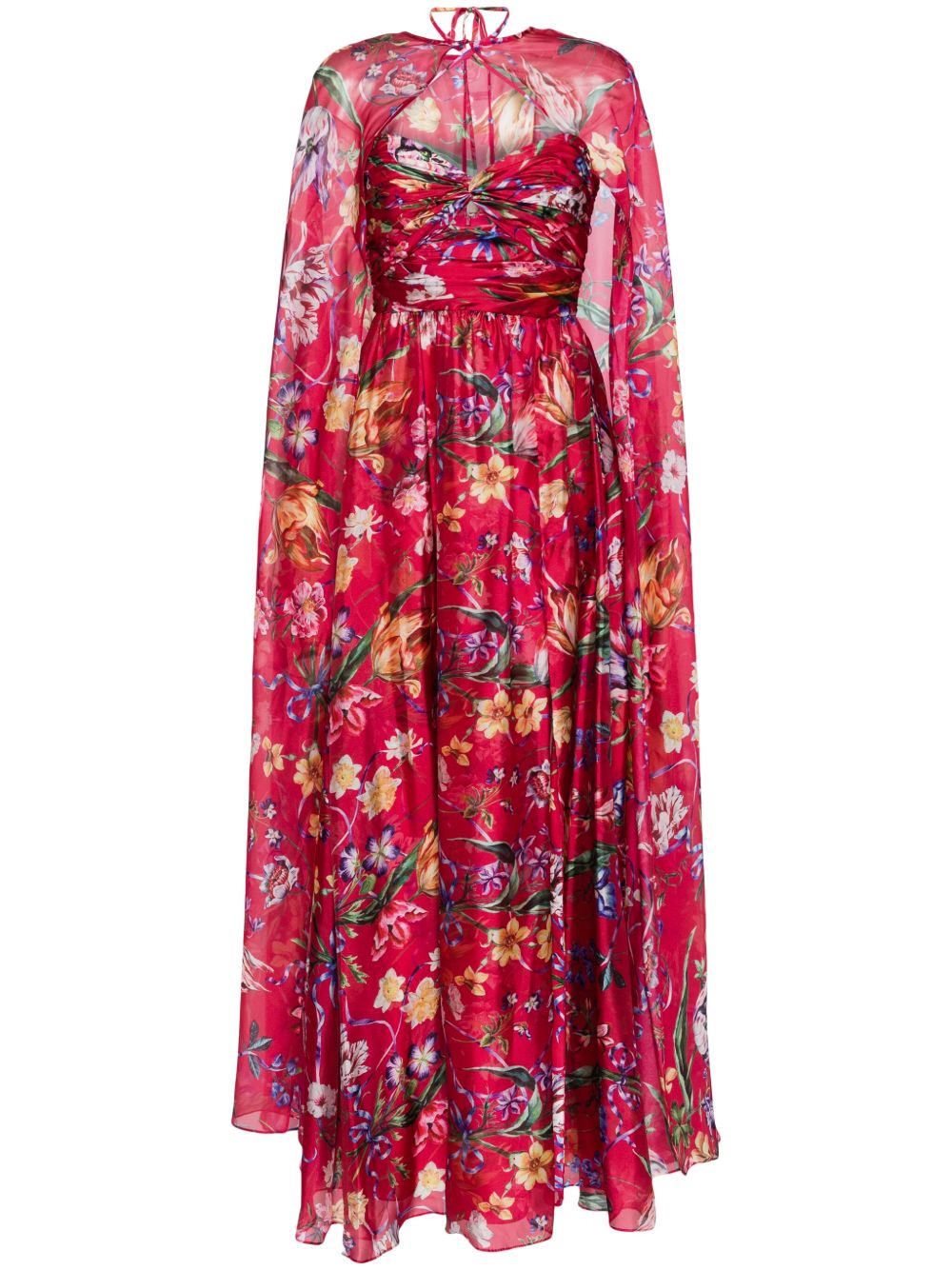 Marchesa Notte Ribbons 花卉印花斗篷式礼服 - 红色