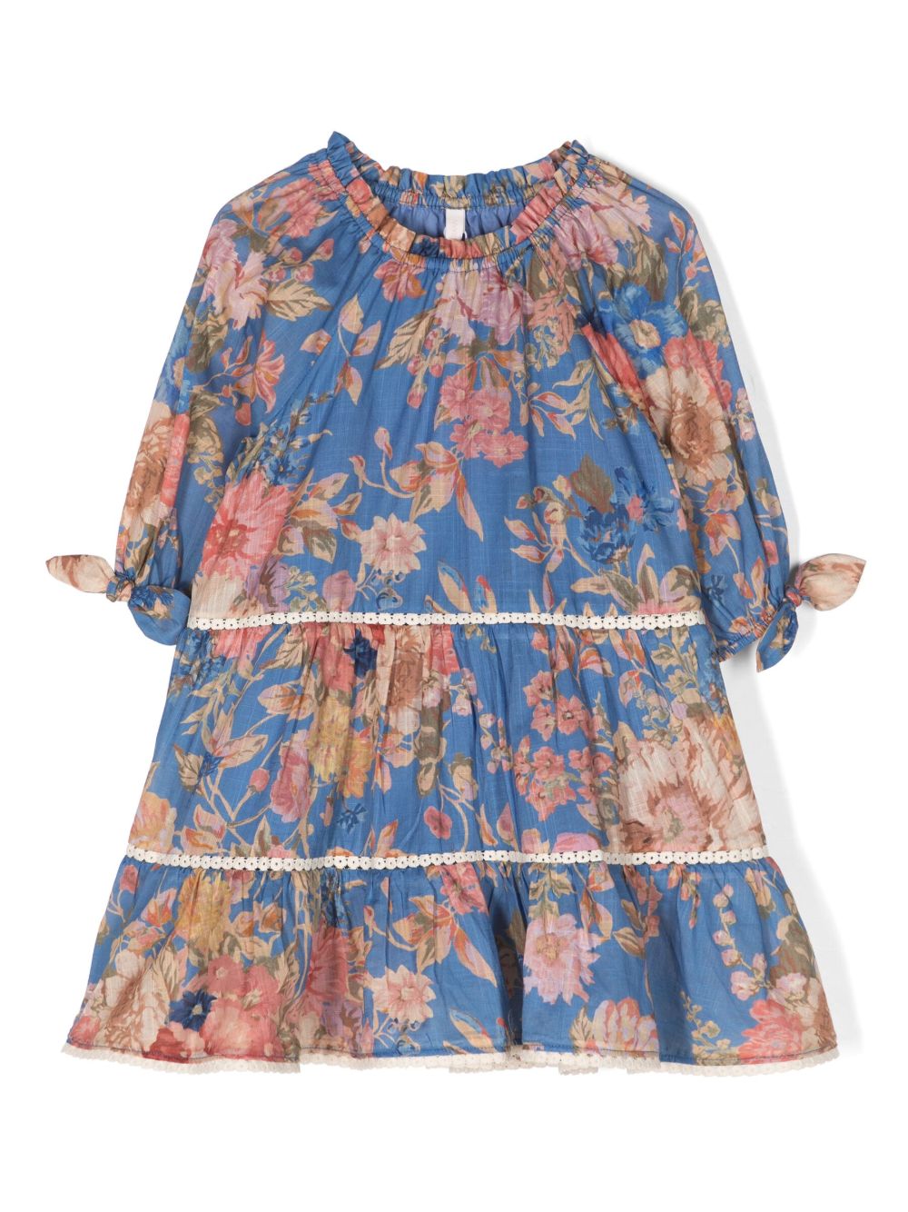 ZIMMERMANN Kids August 花卉印花钩编针织边饰迷你连衣裙 - 蓝色