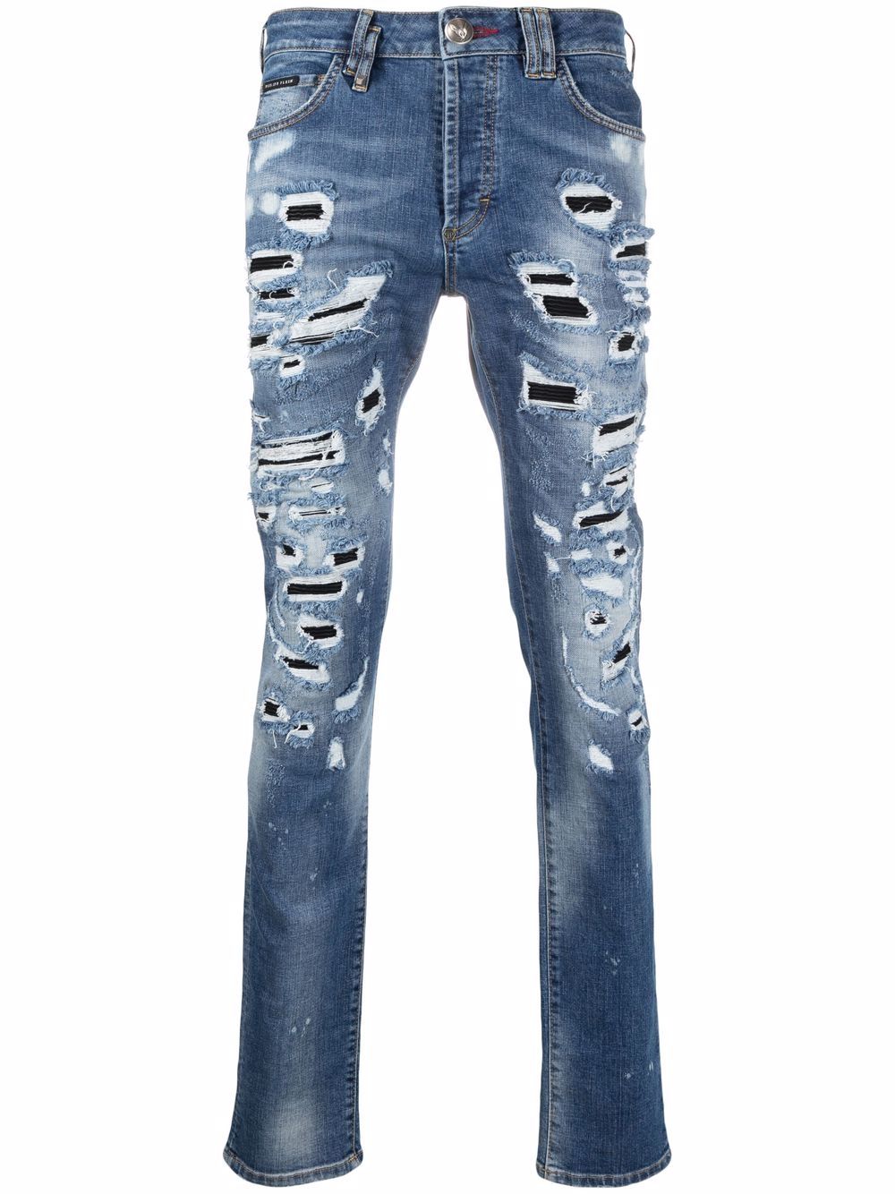 Philipp Plein 仿旧直筒牛仔裤 - 蓝色