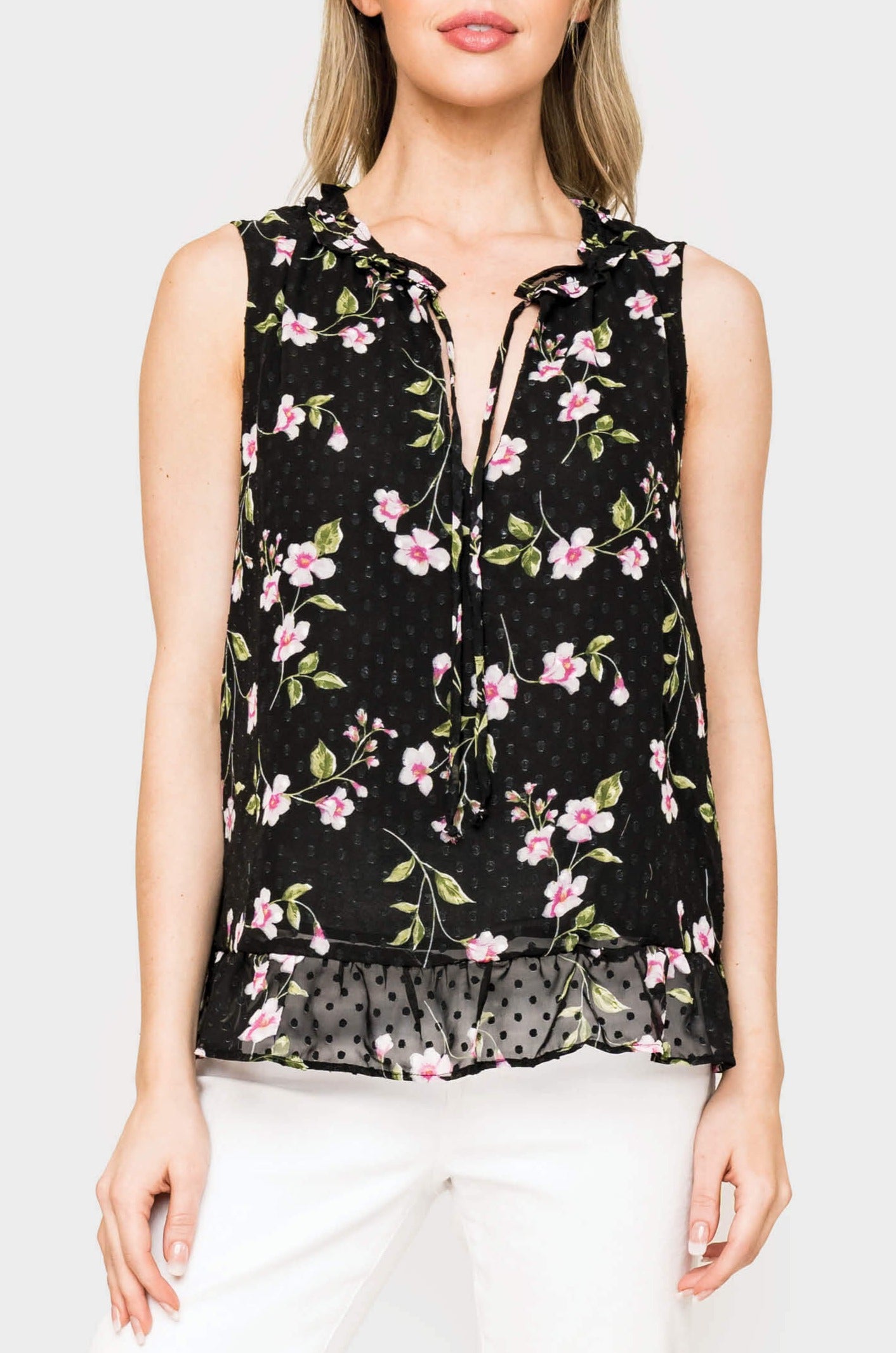 Sleeveless Ruffle Peplum Blouse - Black Dot Floral L