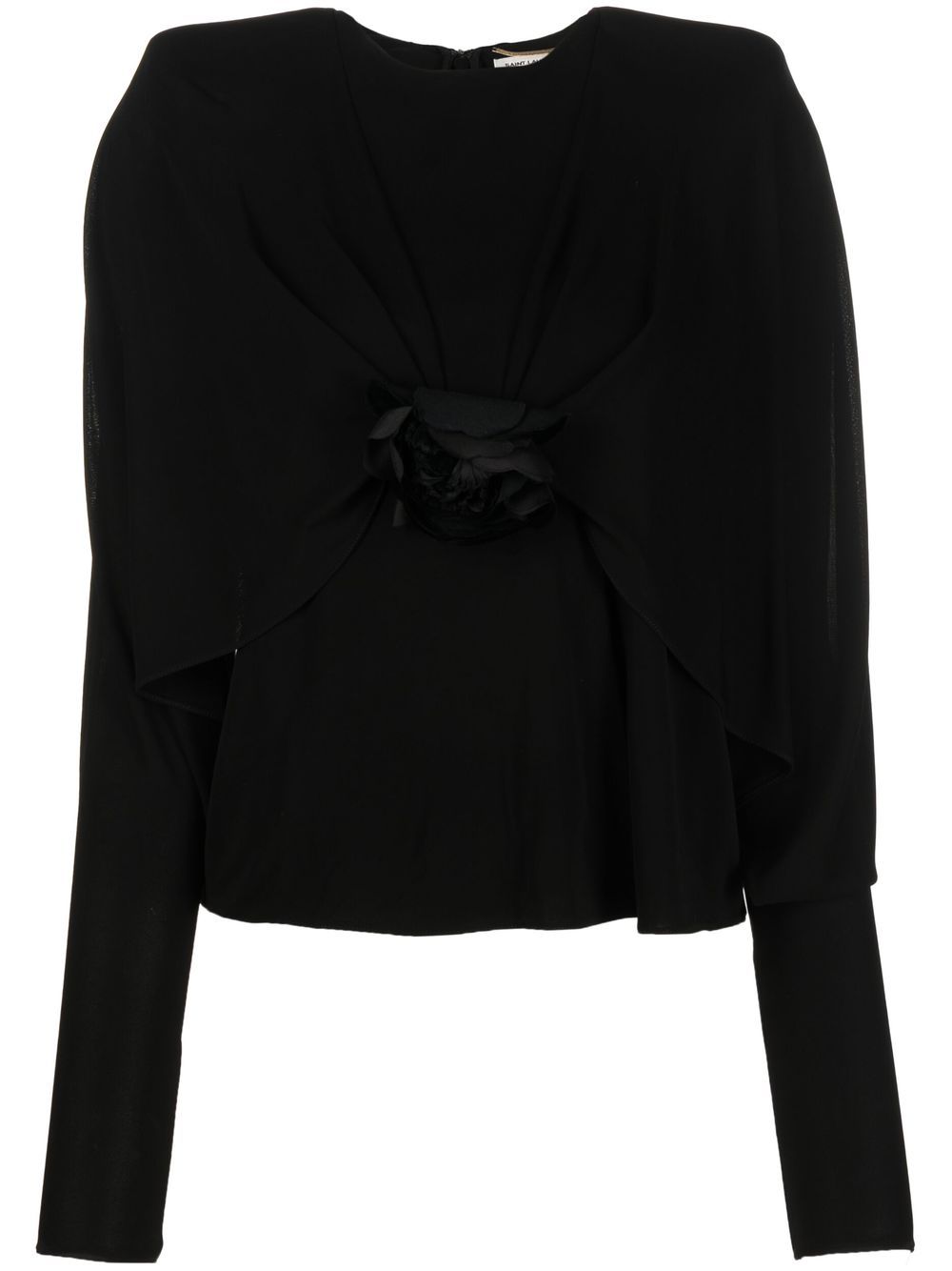 Saint Laurent Flower 绉纱长袖上衣 - 黑色