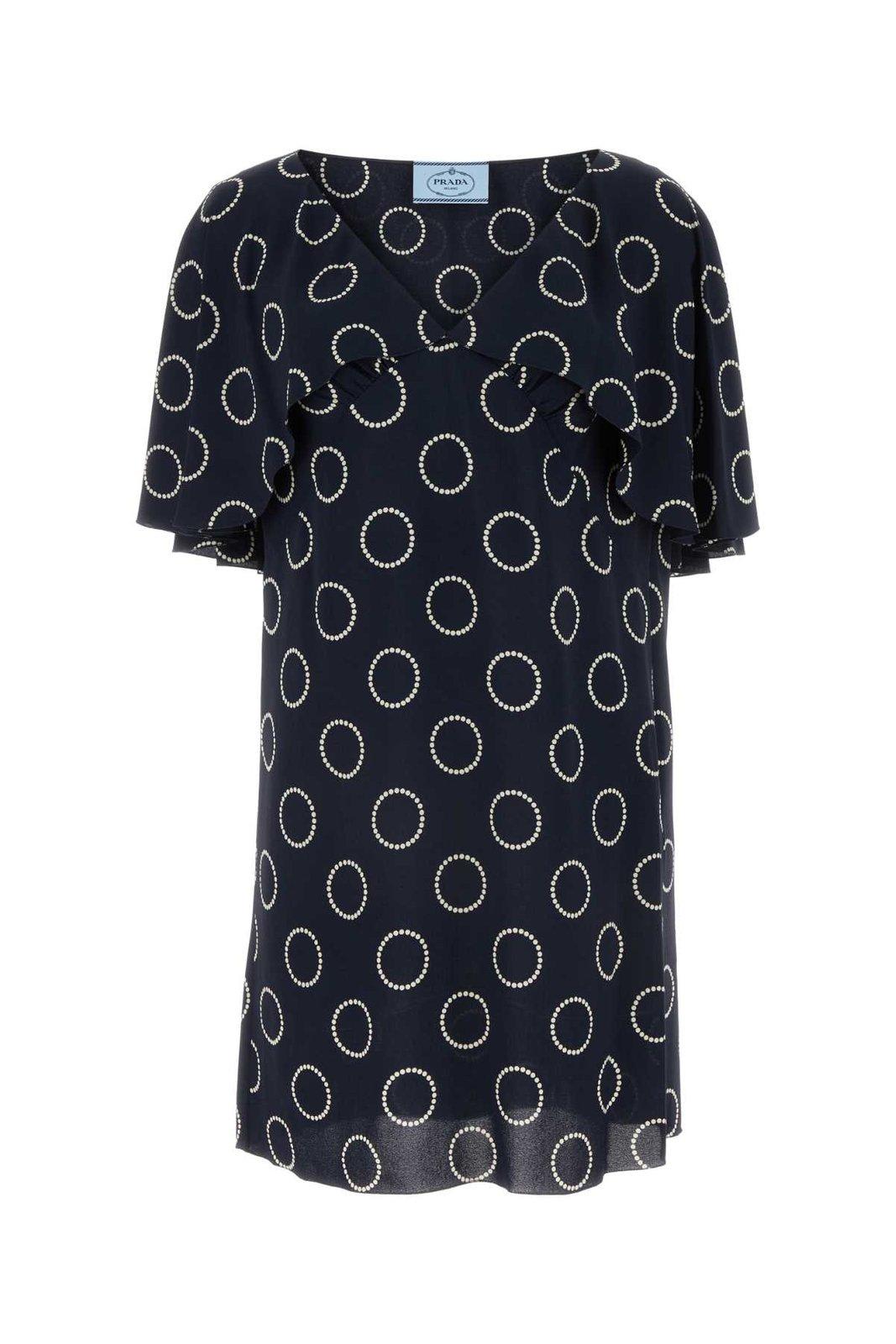 Prada Polka Dot V-neck Crepe Mini Dress