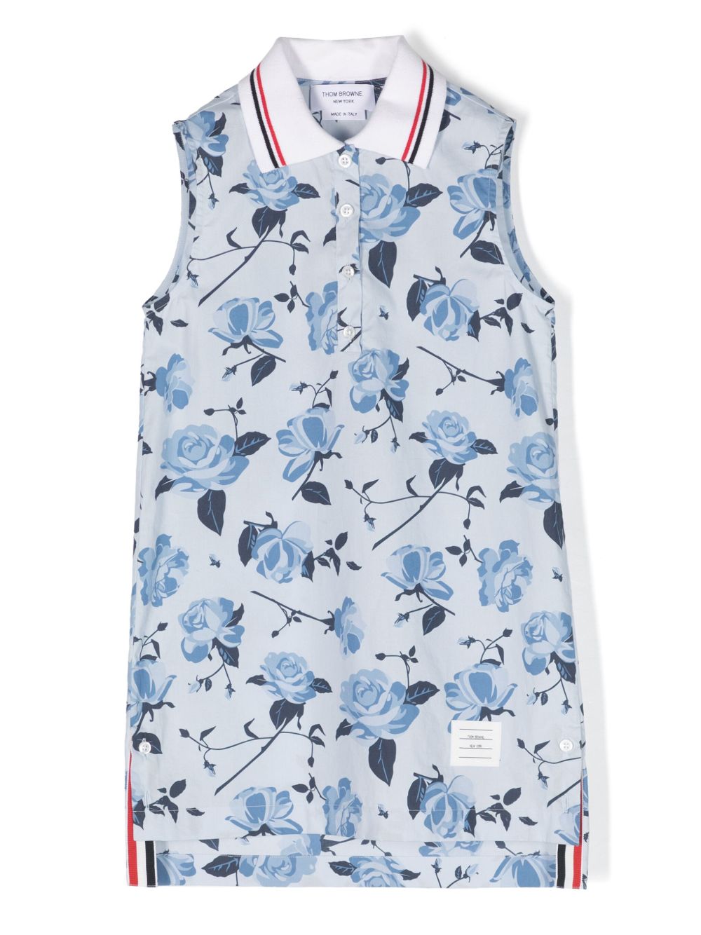 Thom Browne Kids 花卉印花棉polo领连衣裙 - 蓝色