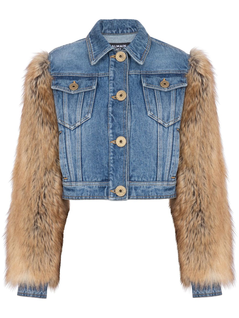 Balmain 人造皮草袖牛仔夹克 - 蓝色