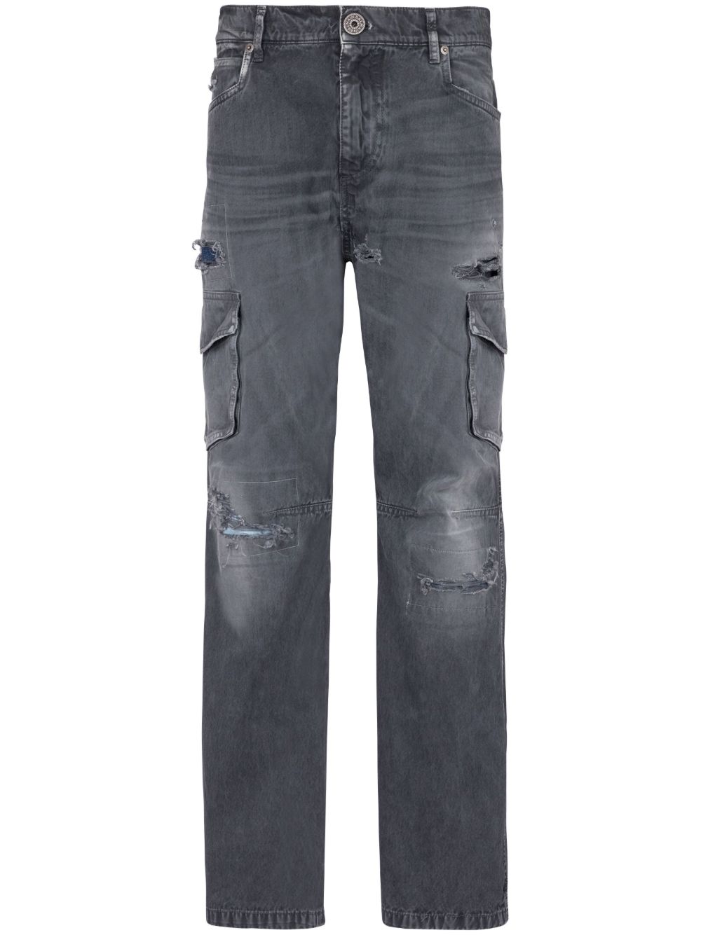 Balmain 仿旧效果工装口袋牛仔裤 - 黑色