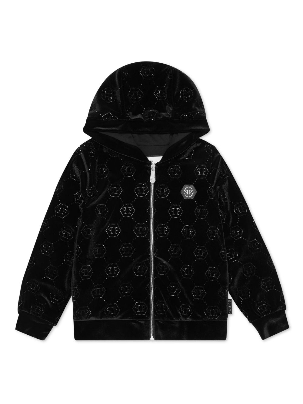 Philipp Plein Junior logo缀饰拉链连帽衫 - 黑色