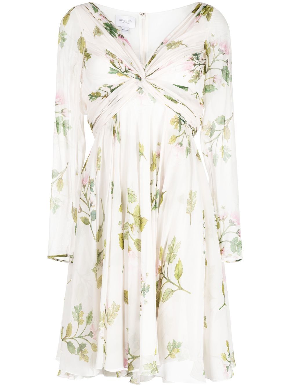 Giambattista Valli 缩褶花卉印花真丝连衣裙 - 白色