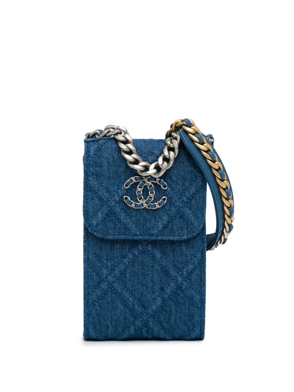 CHANEL Pre-Owned Denim 19 Phone Holder with Chain 斜挎包（2021年典藏款） - 蓝色