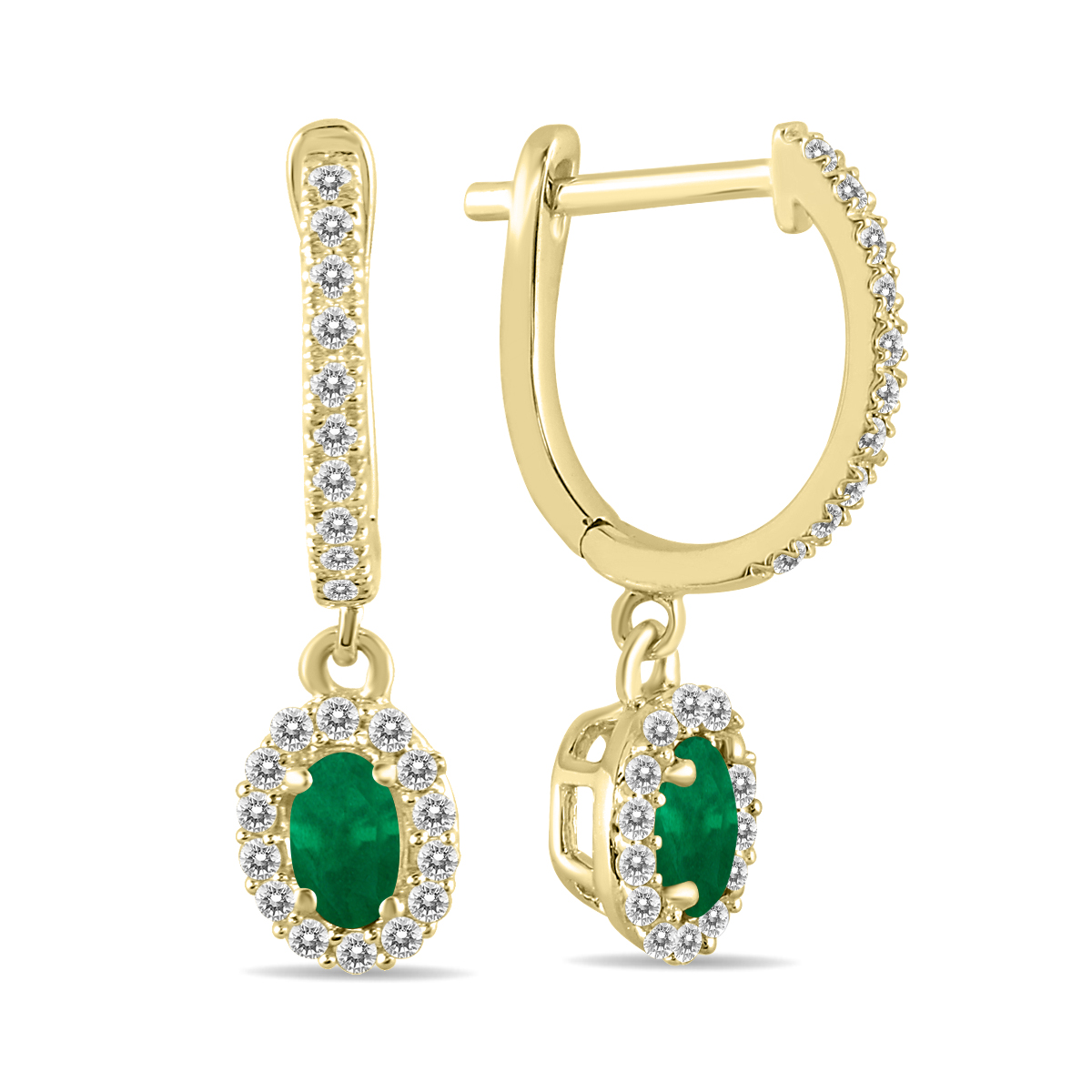 1/2 Carat Oval Emerald and Diamond Halo Dangle Earrings in 10K Yellow Gold