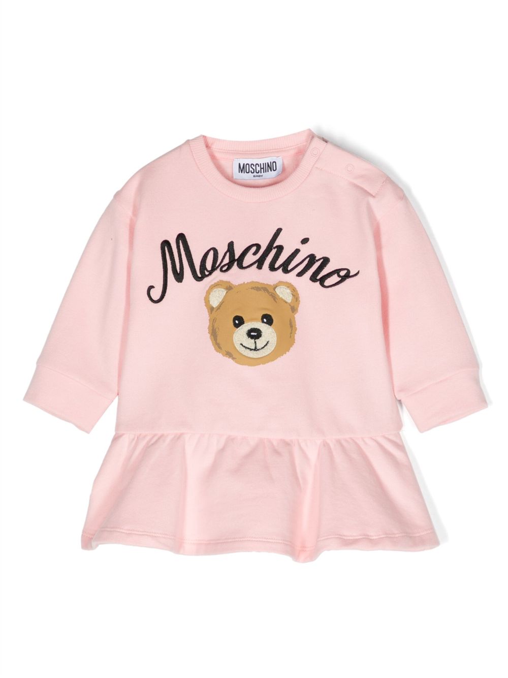 Moschino Kids 荷叶边泰迪熊印花连衣裙 - 粉色