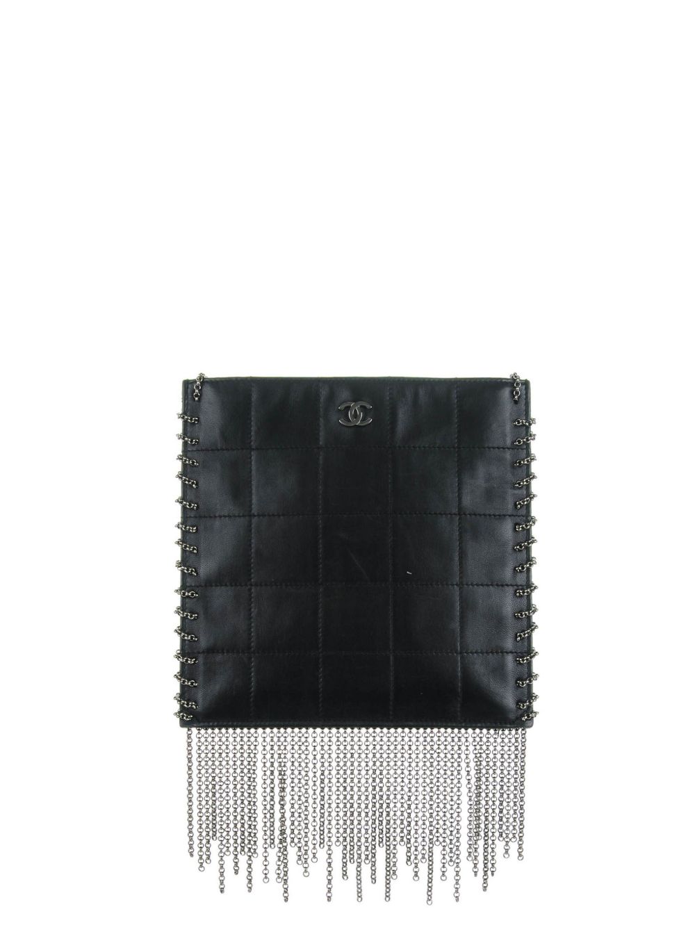CHANEL Pre-Owned 链式流苏边皮质斜挎包 - 黑色