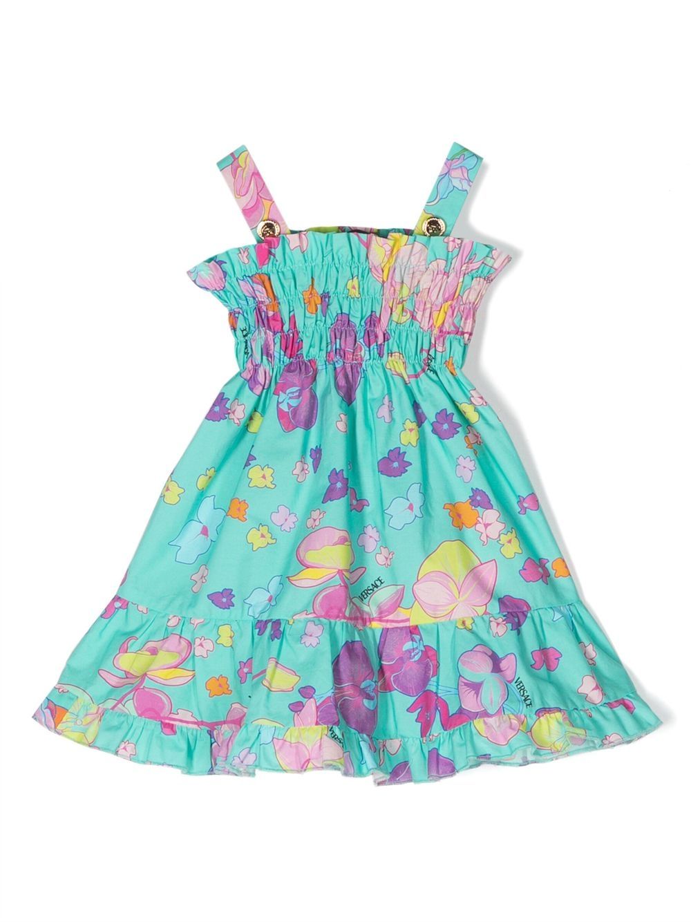 Versace Kids 花卉印花无袖连衣裙 - 绿色