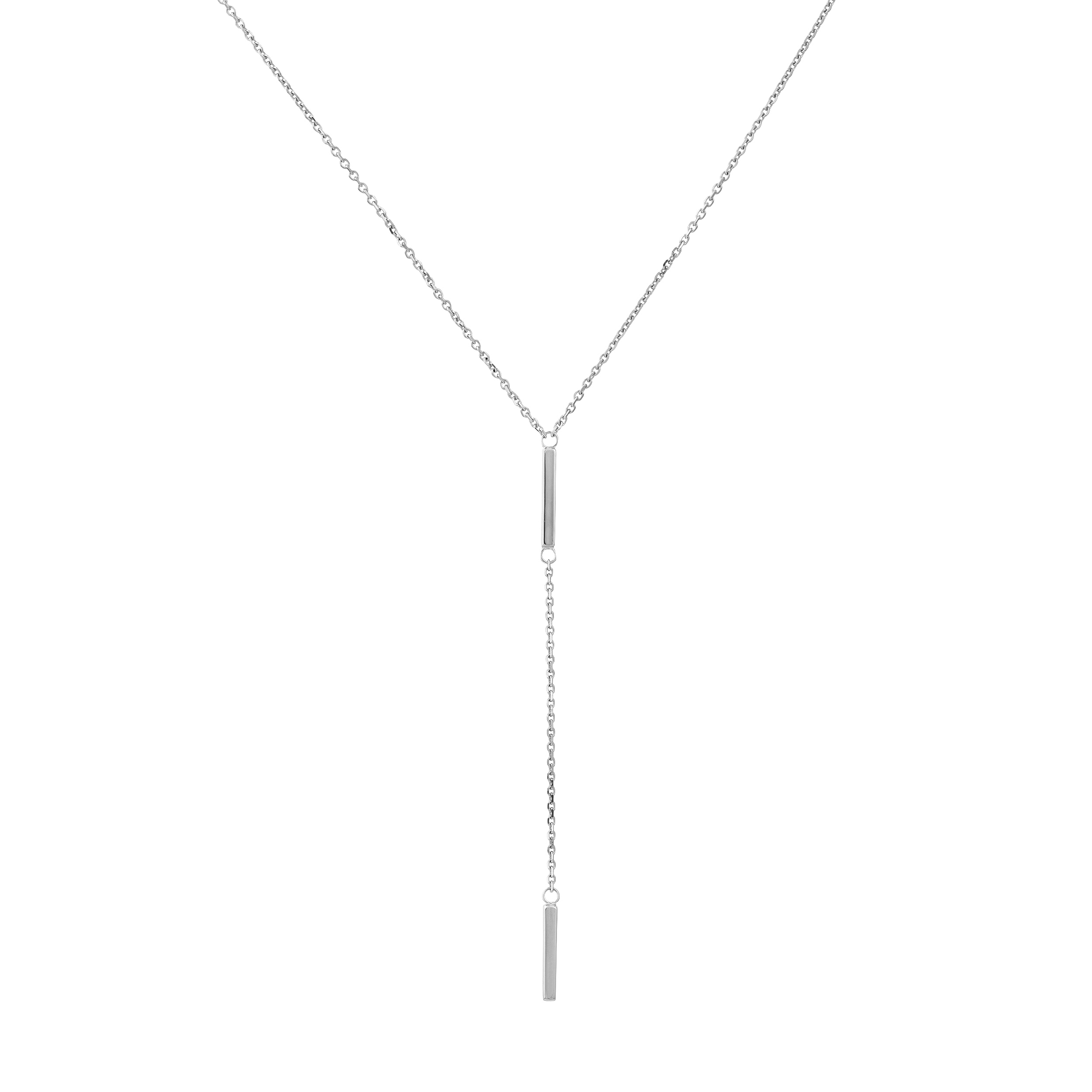 14K Solid White Gold Double Bar Drop Necklace