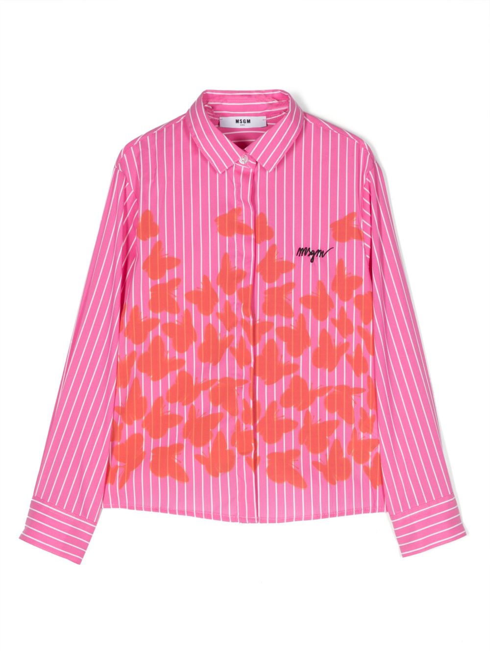 MSGM Kids 蝴蝶印花条纹衬衫 - 粉色