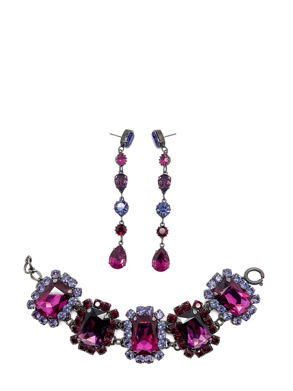 Jennifer Gibson Jewellery Vintage Hot Pink &amp; Amethyst Crystal Bracelet &amp; Drop Earrings 1980s - 紫色