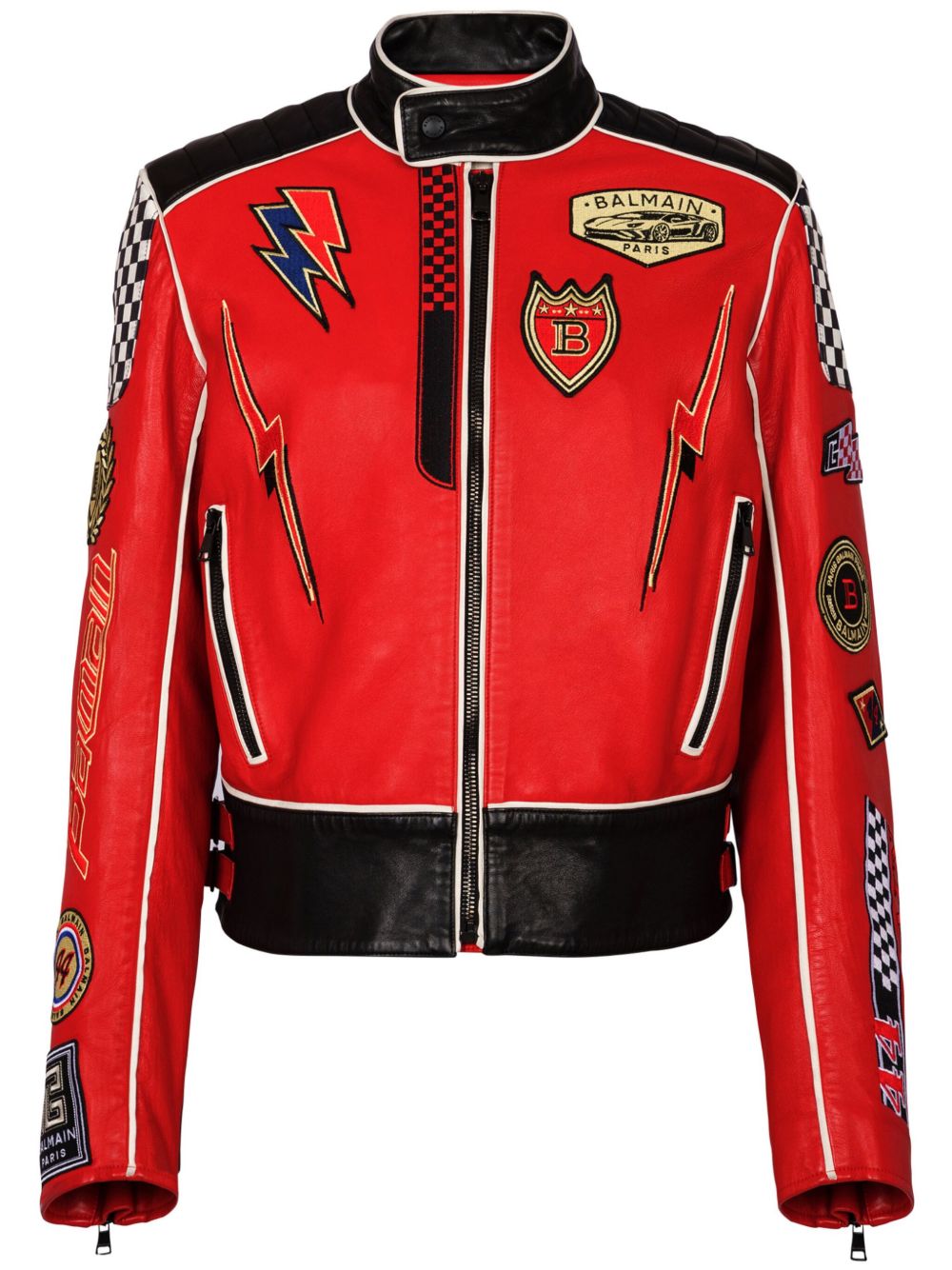 Balmain logo 贴花皮夹克 - 红色