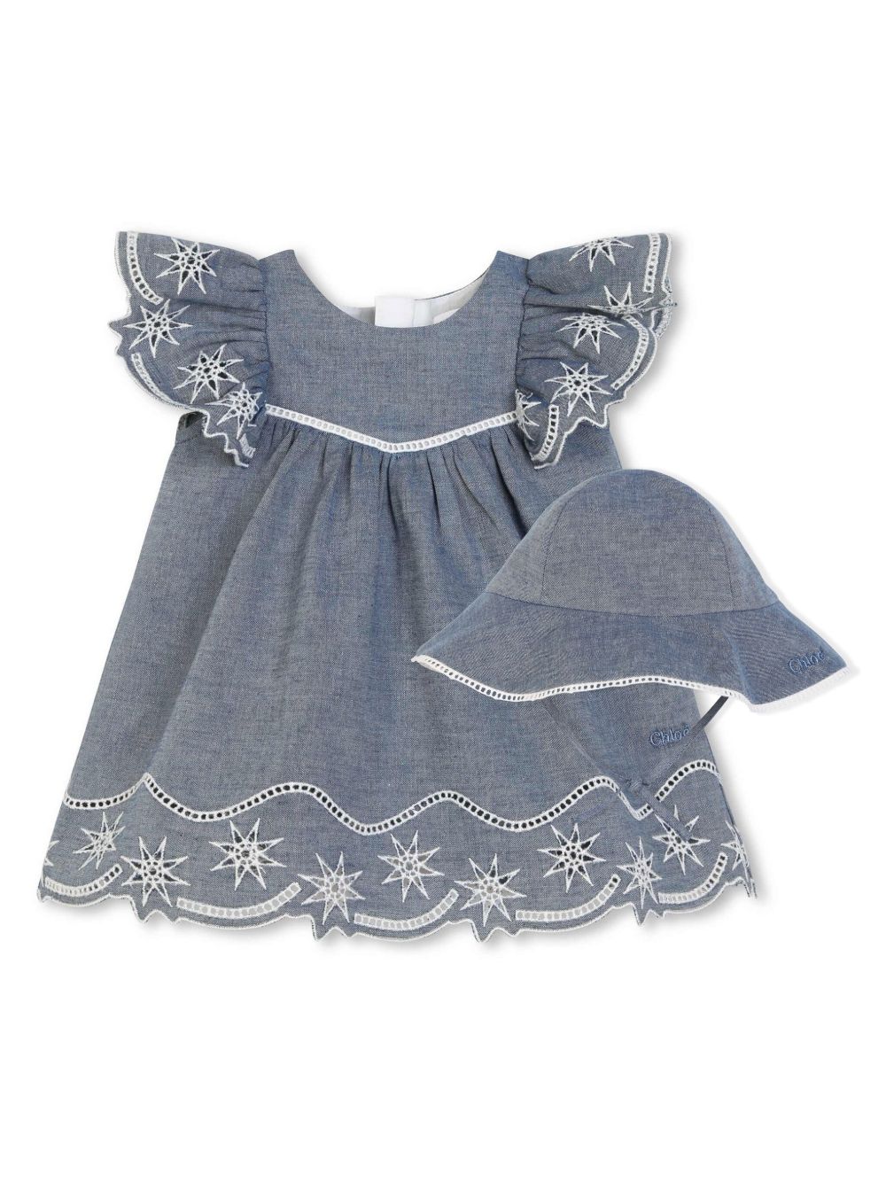 Chloé Kids 花卉刺绣棉连衣裙套装 - 蓝色