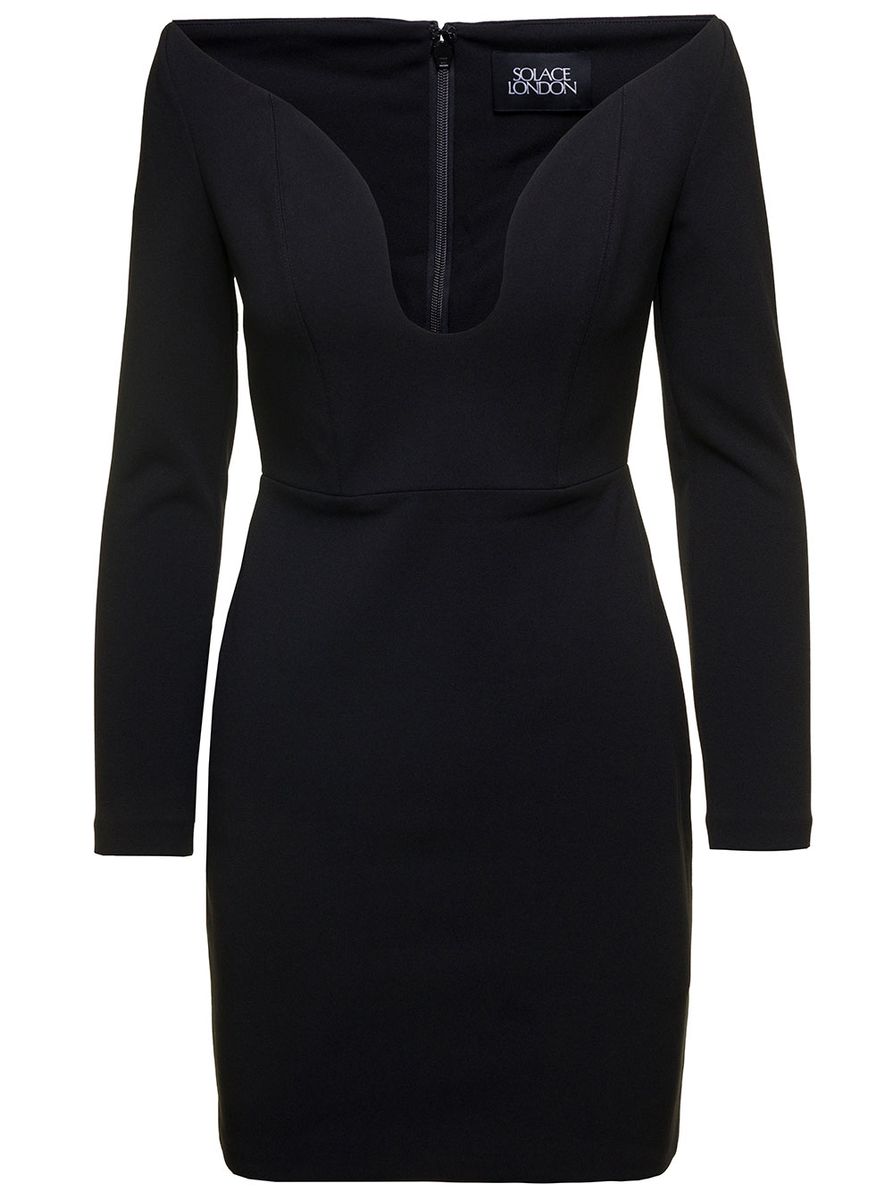 Black ' Uma' Mini Dress With Long Sleeves And U-Neck In Polyester Woman