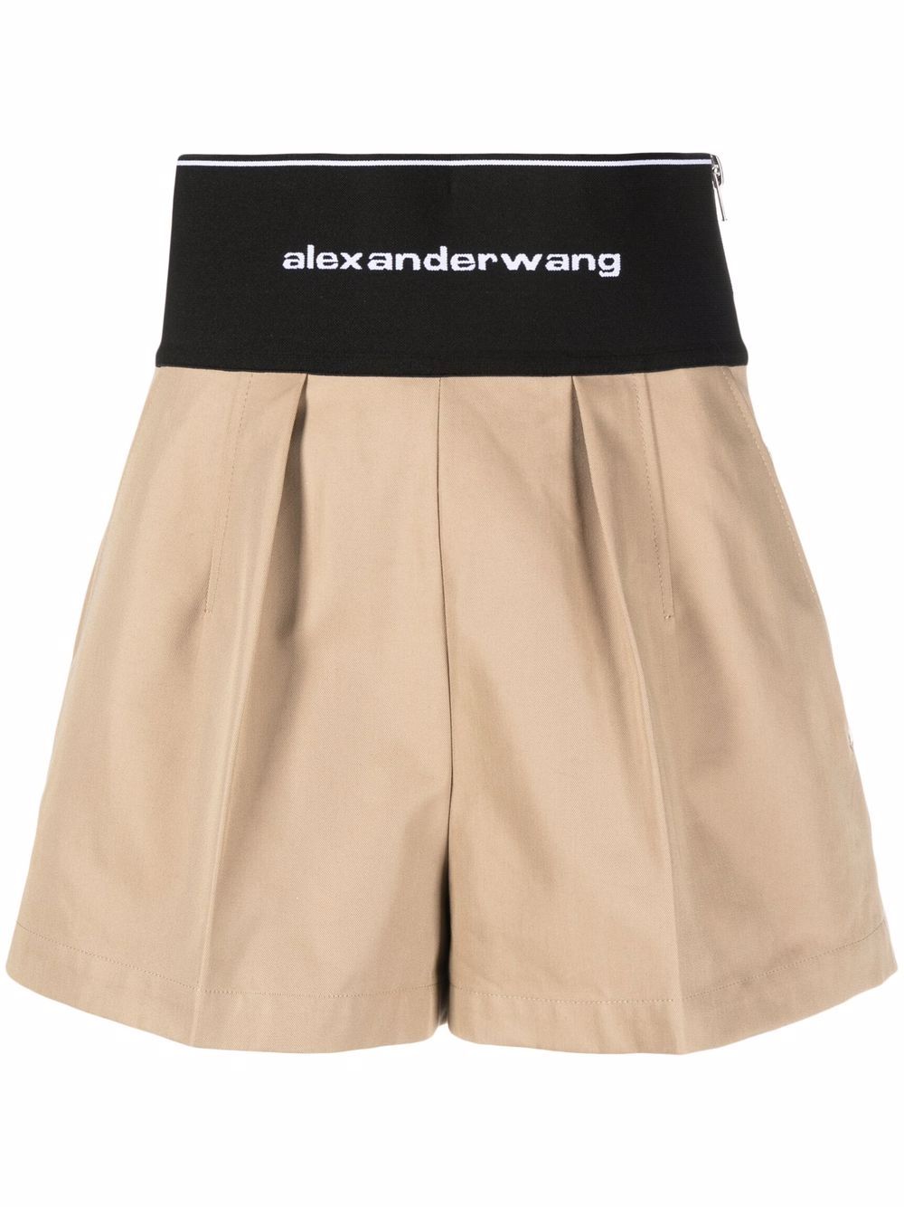 Alexander Wang logo裤腰褶饰细节短裤 - 褐色