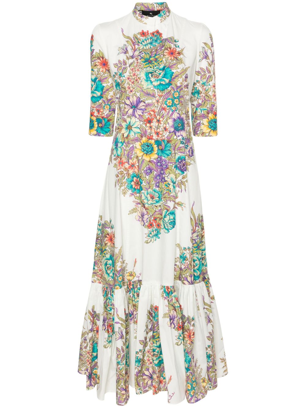 ETRO 花卉印花棉超长连衣裙 - 白色