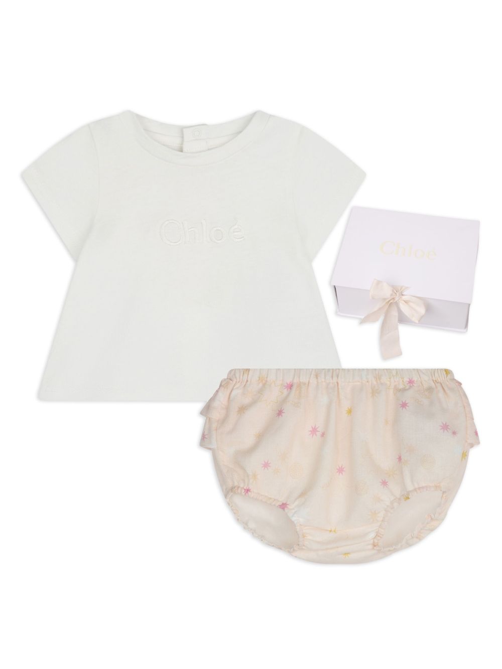 Chloé Kids 星星印花荷叶边短裤套装 - 粉色