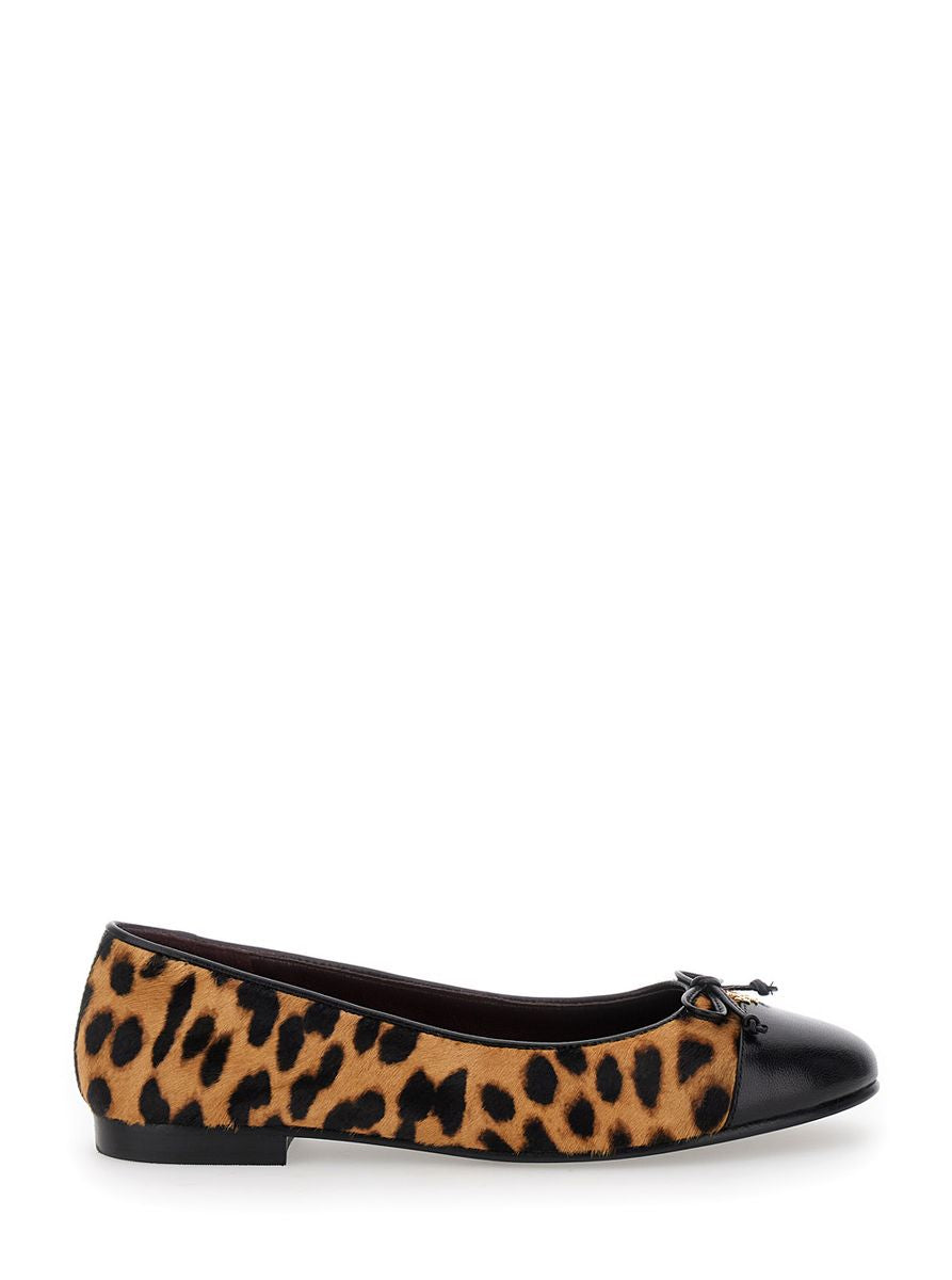 Brown Ballet Shoes With Cap Toe And Leopard Print In Leather Woman