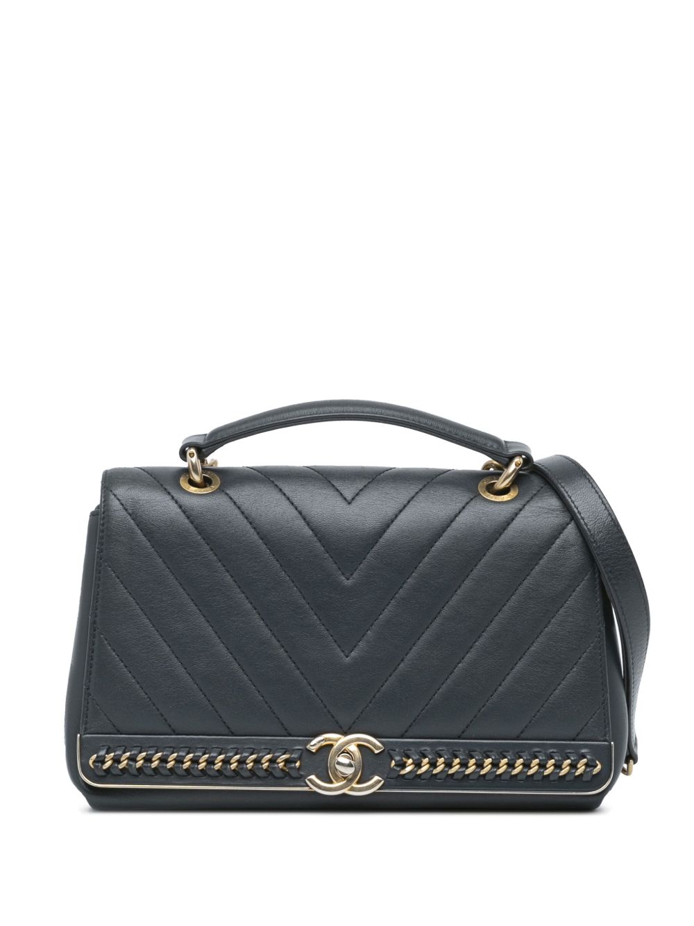 CHANEL Pre-Owned Flap 人字纹图案羊皮缝线搭链顶置手柄斜挎包（2017-2018年典藏款） - 蓝色