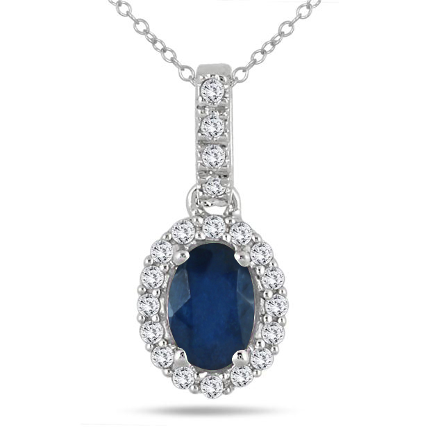 6x4MM Oval Sapphire and Diamond Halo Pendant in 10K White Gold