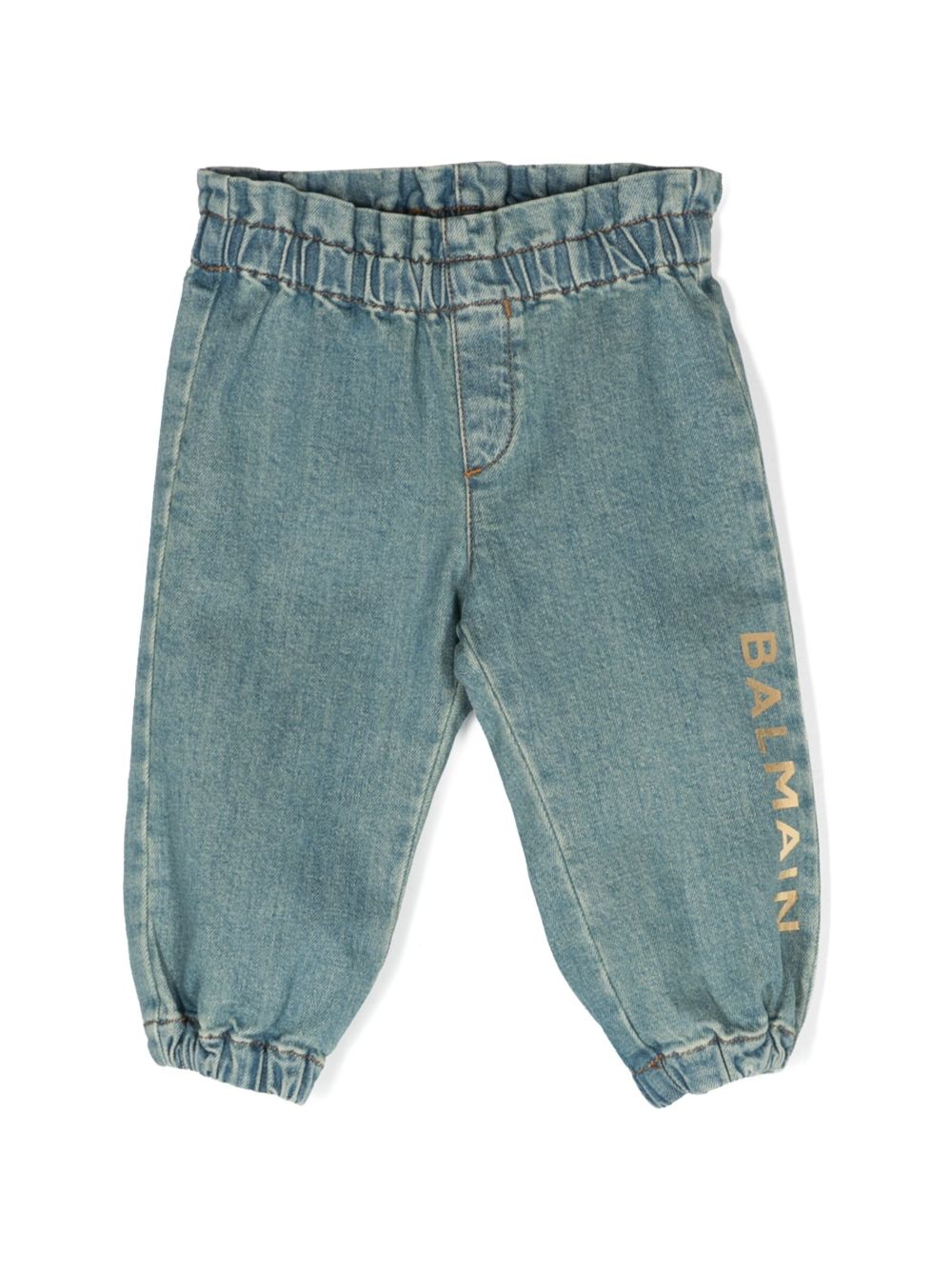 Balmain Kids logo印花松紧锥形牛仔裤 - 蓝色