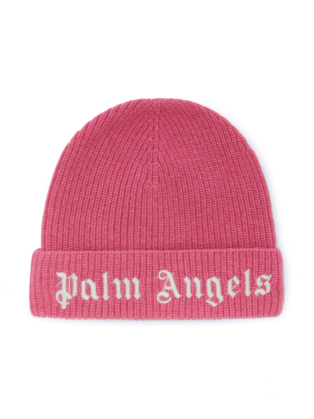 Palm Angels Kids logo刺绣罗纹针织套头帽 - 粉色