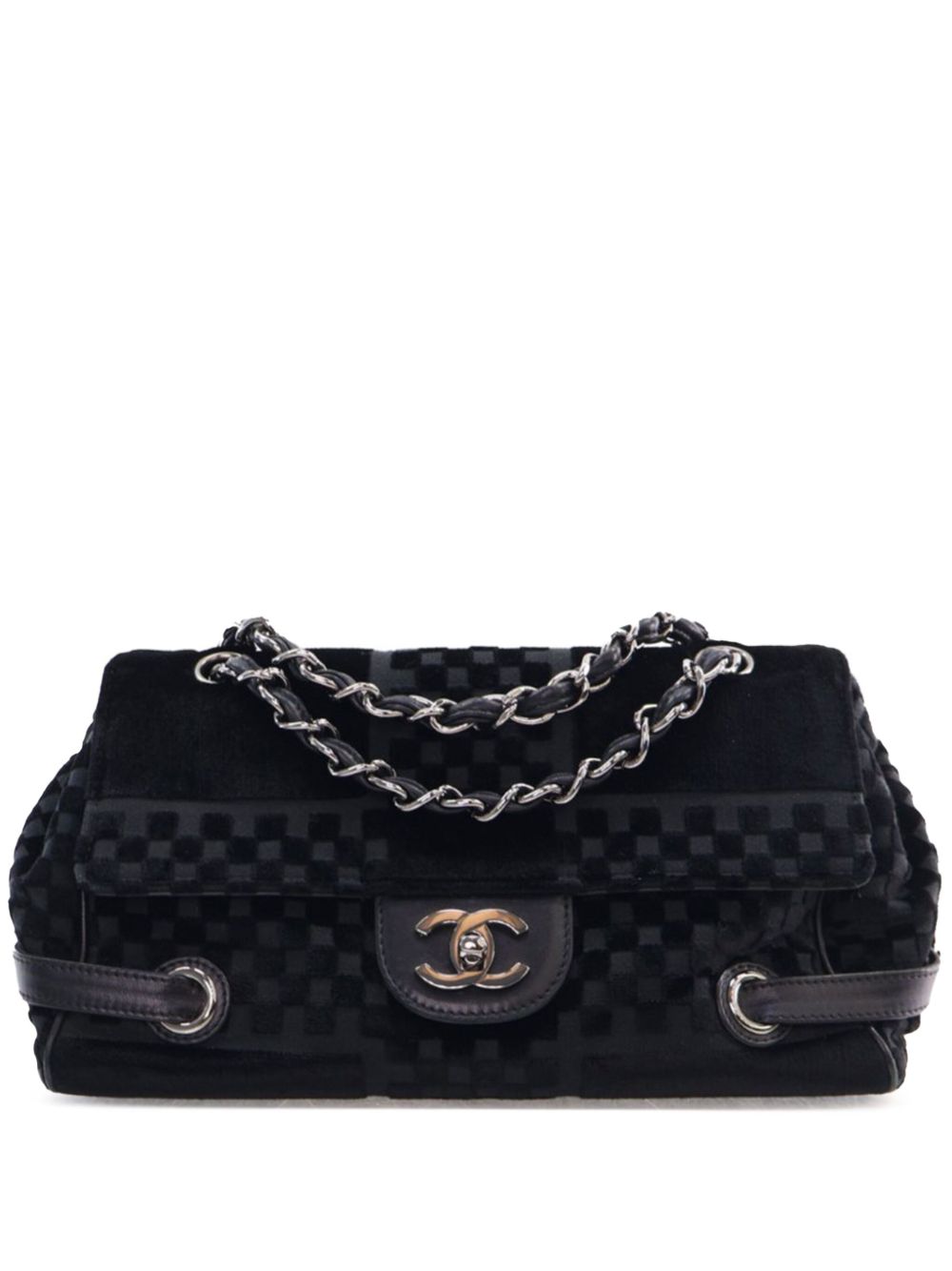 CHANEL Pre-Owned CC Belted Side Flap 格纹压纹天鹅绒单肩包（2005-2006年典藏款） - 黑色