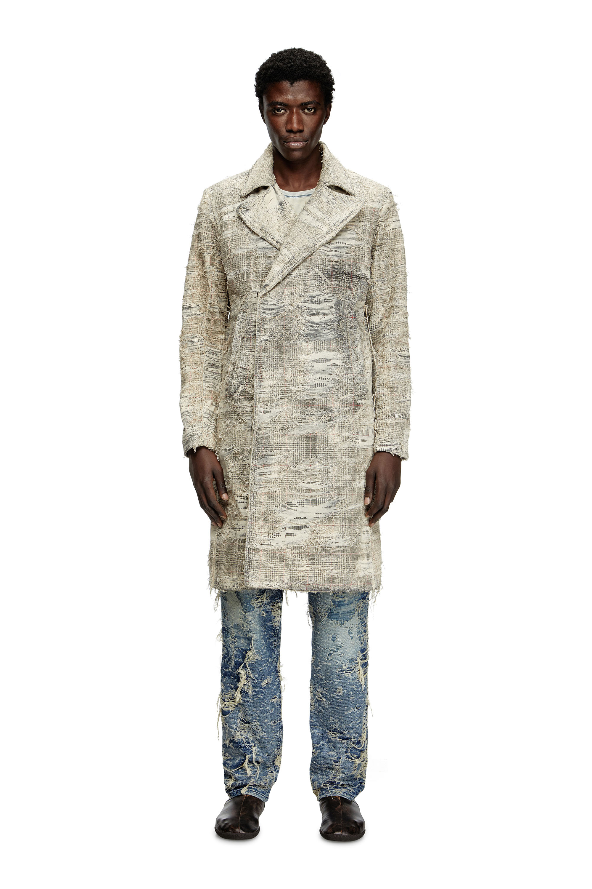 Diesel - Coat in distressed Prince of Wales denim - Denim Jackets - Man - Grey