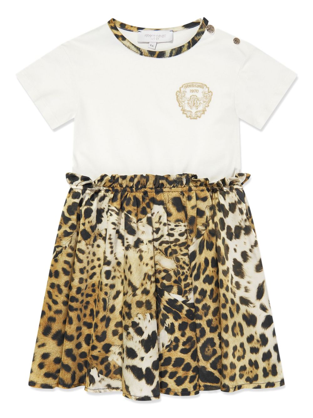 Roberto Cavalli Junior logo刺绣美洲豹纹连衣裙 - 白色