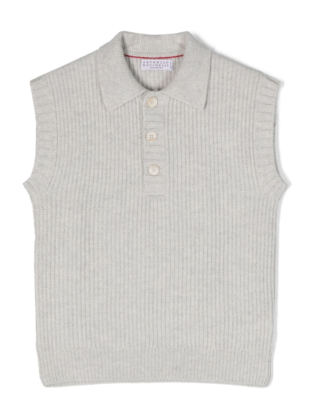 Brunello Cucinelli Kids 罗纹针织羊绒polo领马甲 - 灰色
