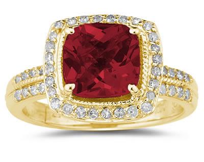 2 1/2 Carat Cushion Cut Garnet & Diamond Ring in 14K Yellow Gold
