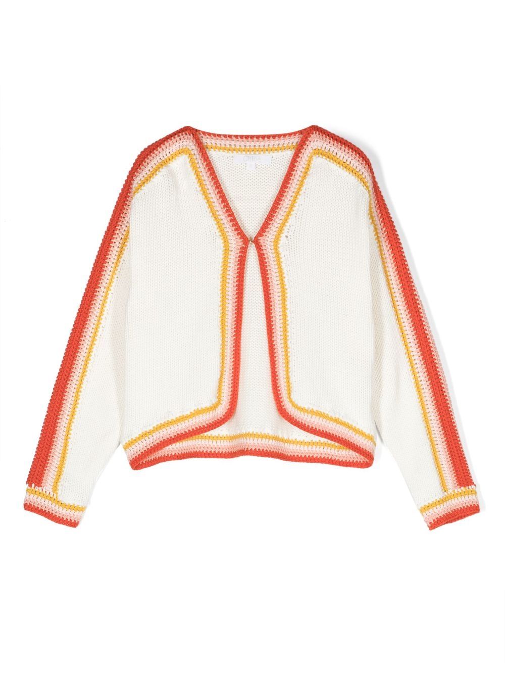 Chloé Kids 条纹钩编针织边饰开衫 - 白色