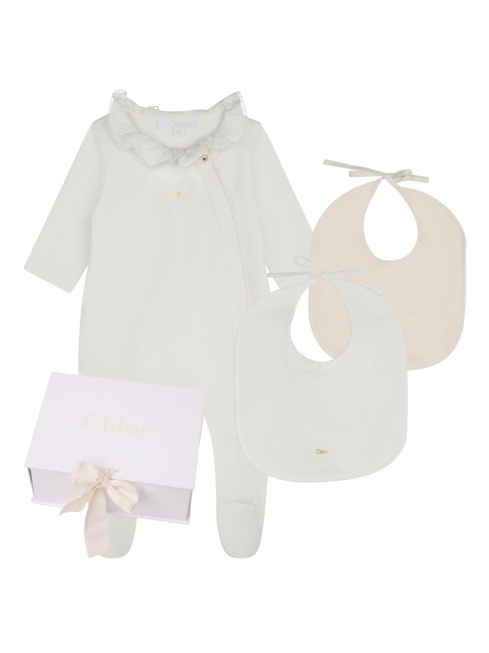 Chloé Kids 荷叶边细节棉连体衣套装 - 白色