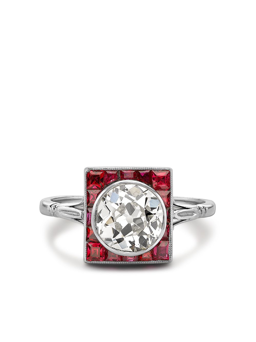 Pragnell Vintage Art Deco 铂金红宝石牌匾形钻石戒指 - 银色