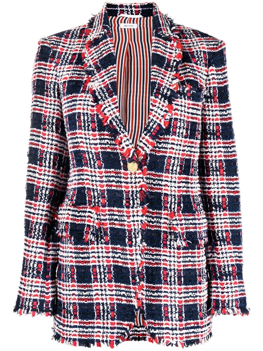 Thom Browne 磨损边单排扣粗花呢西装夹克 - 蓝色