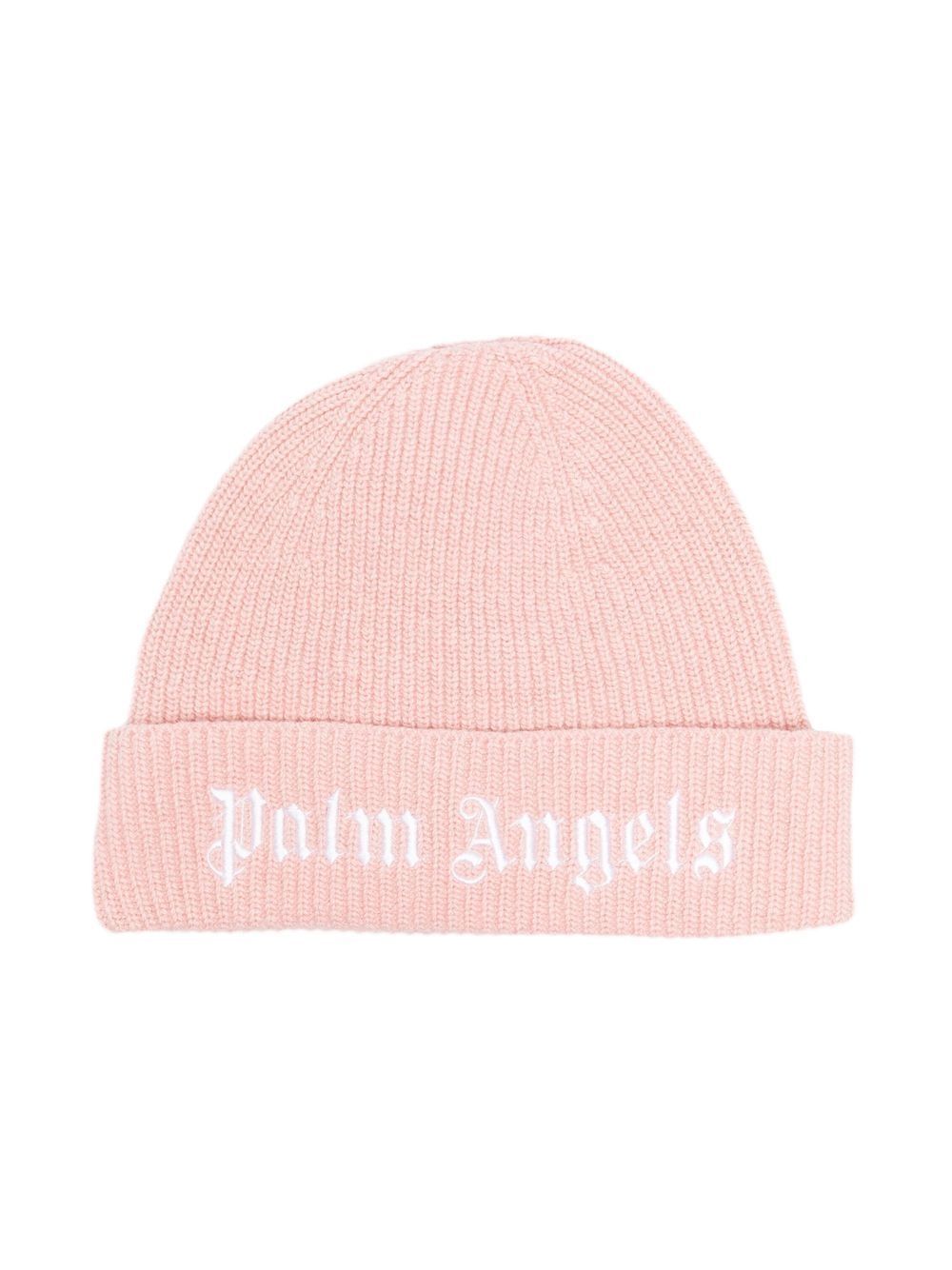 Palm Angels Kids logo刺绣针织帽 - 粉色