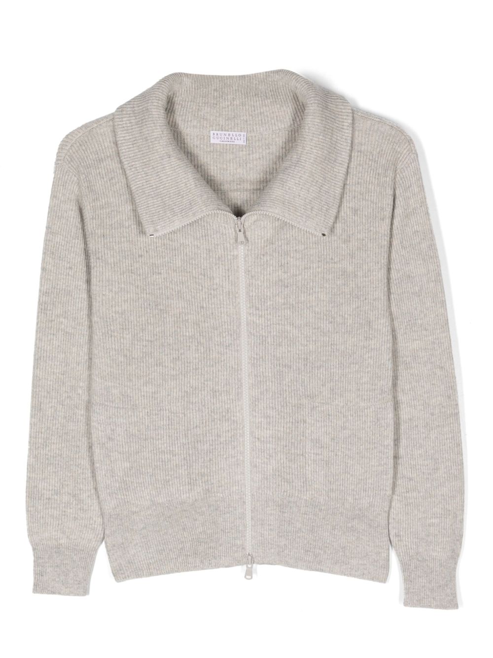 Brunello Cucinelli Kids 罗纹针织拉链羊绒开衫 - 灰色