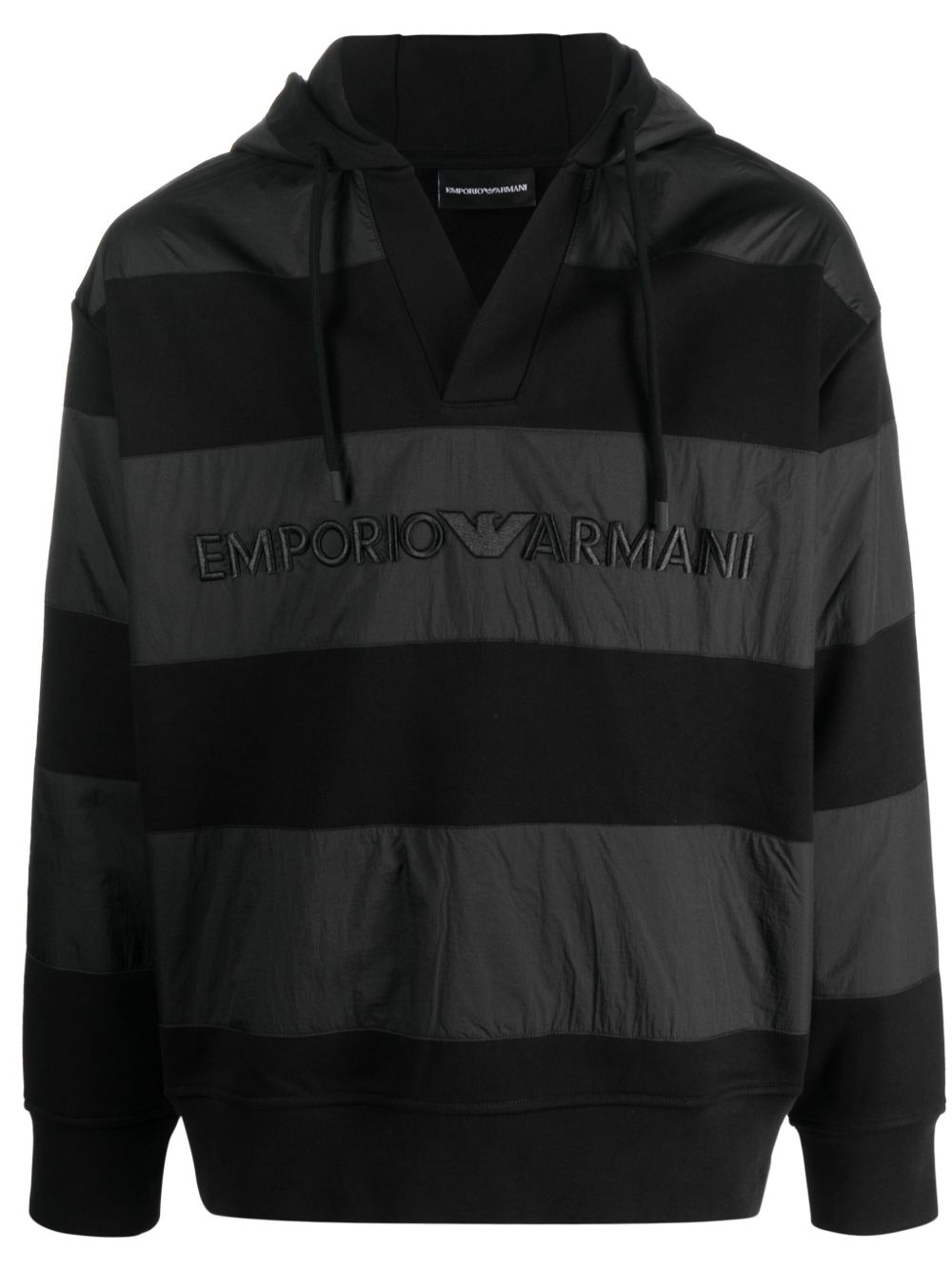 Emporio Armani logo刺绣条纹连帽衫 - 黑色