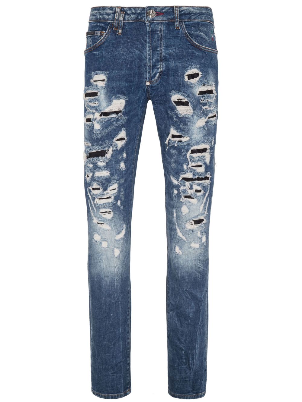 Philipp Plein 仿旧效果中腰修身牛仔裤 - 蓝色