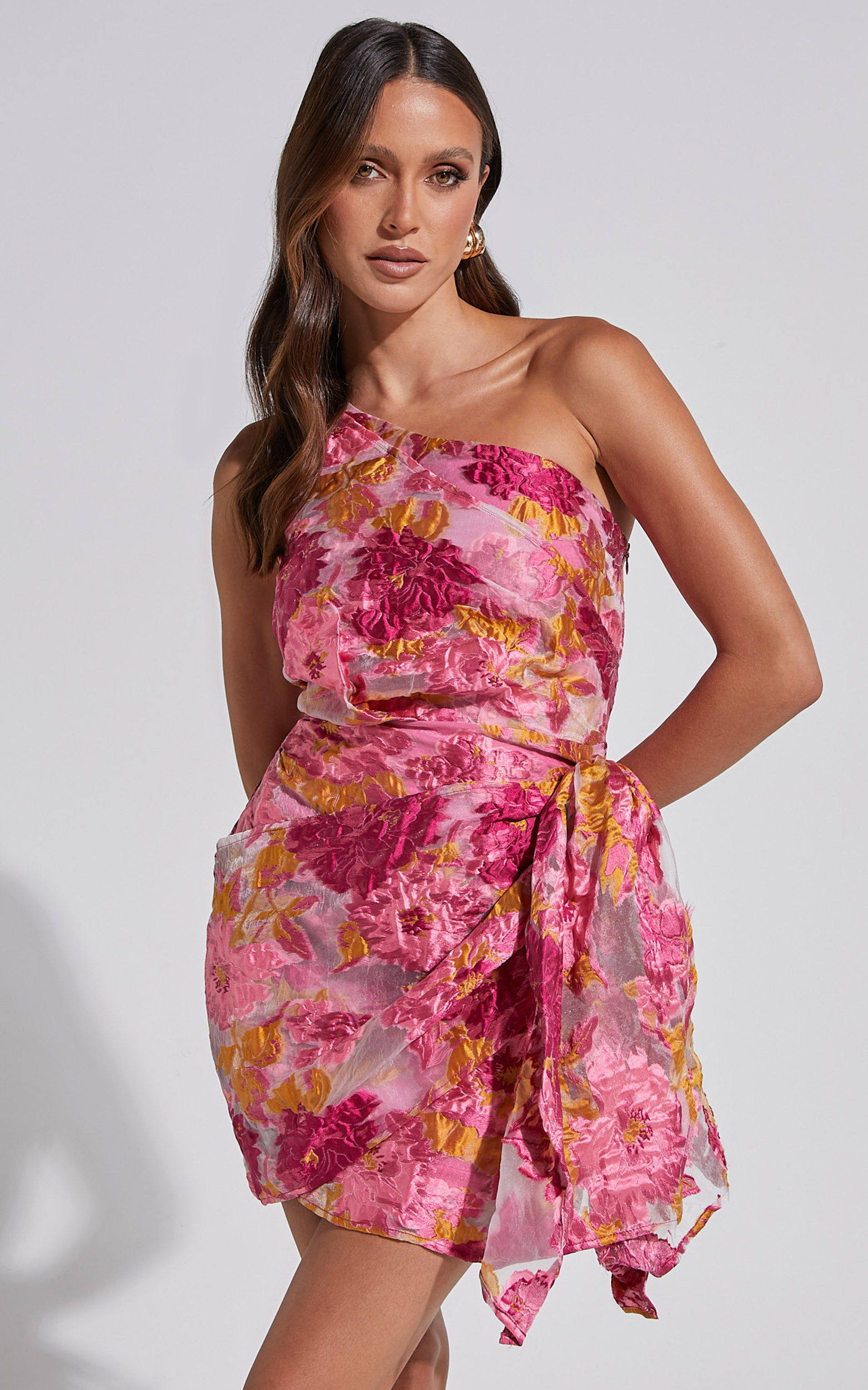 Brailey Mini Dress - One Shoulder Wrap Front Dress in Pink Jacquard